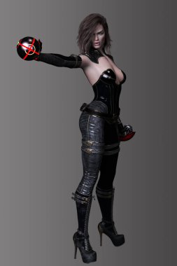 Siber Punk, Şehir Fantezisi Suikastçısı, Seksi Siyah Deri Giyen Bilim Kurgu Kadını.