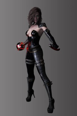 Siber Punk, Şehir Fantezisi Suikastçısı, Seksi Siyah Deri Giyen Bilim Kurgu Kadını.