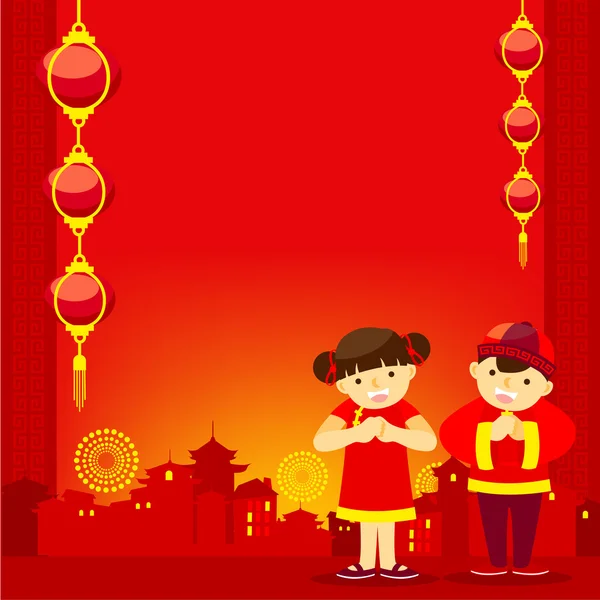 Boy and girl in the chinatown — Stock Vector