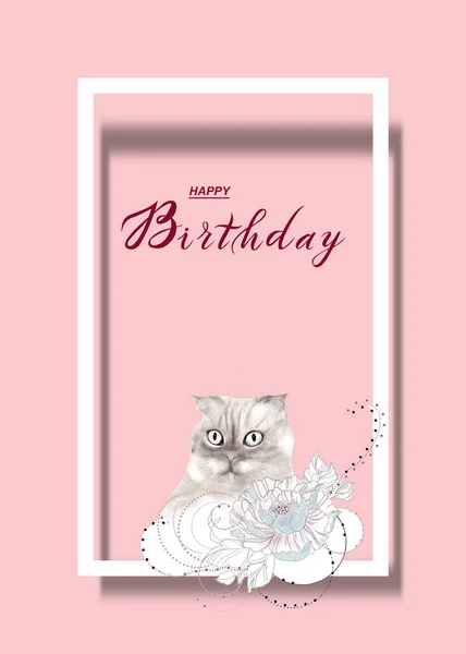 Cartão Aniversário Bonito Para Crianças Com Gato — Fotografia de Stock