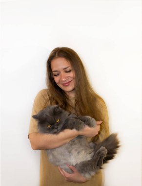 Kedili genç ve güzel bir kadın, veteriner ve sevgili bir kediyi ziyaret ediyor.