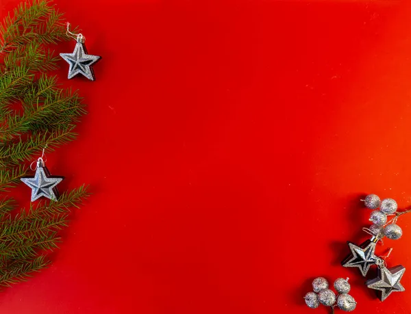 Karácsony Újév Lakás Feküdt Másolási Hely Piros Háttér — Stock Fotó