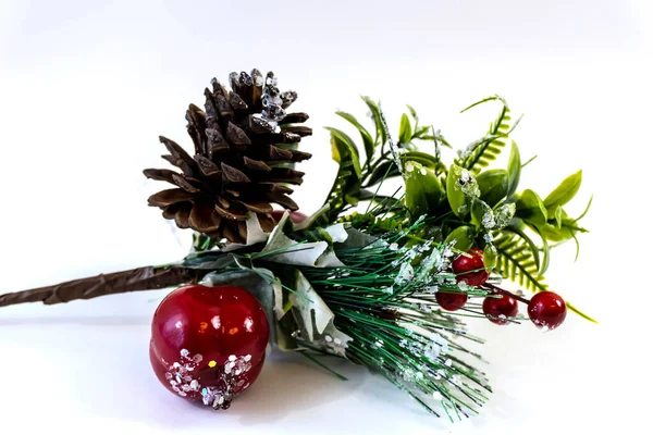 Ramo Natale Con Bacche Cono Ricoperto Neve Primo Piano — Foto Stock