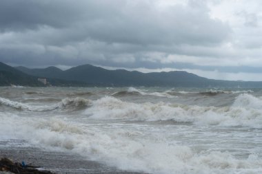 Karadeniz 'de fırtına, kıyıya vuran dalgalar, kahverengi su.