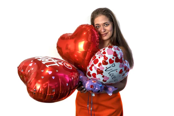 Boldog Valentin Napot Fiatal Egy Léggömbbel Szív Formájában — Stock Fotó