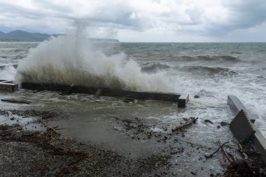 Karadeniz 'de fırtına, kıyıya vuran dalgalar, kahverengi su.