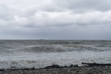 Karadeniz 'de fırtına, kıyıya vuran dalgalar, kahverengi su.