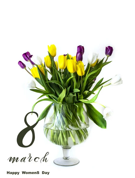 Mezinárodní Den Žen Března Flat Lay Banner Blahopřání Květinami Března — Stock fotografie