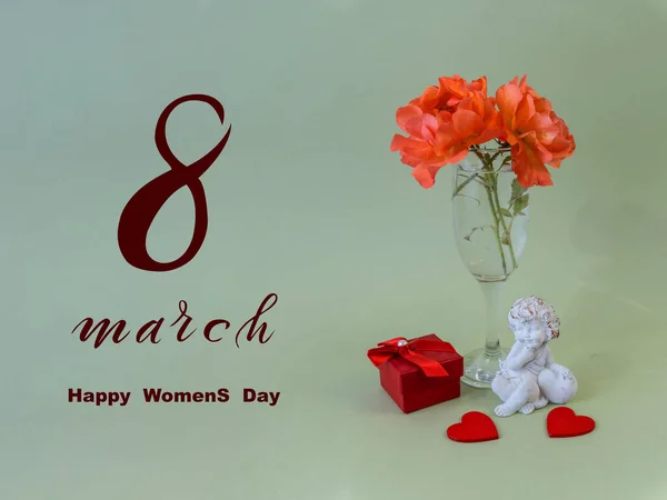 International Women Day March Flat Lay Banner Greeting Card Flowers — Stock Photo, Image