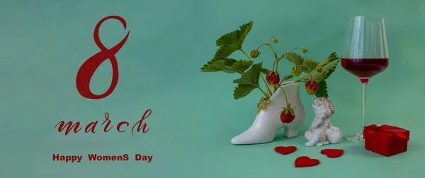 Internationale Vrouwendag Maart Flat Lay Banner Wenskaart Met Bloemen Vanaf — Stockfoto