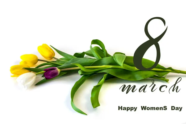 International Women Day March Flat Lay Banner Greeting Card Flowers — Stock Photo, Image