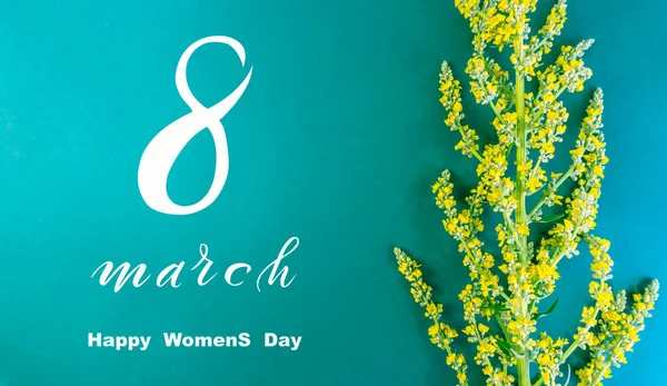 国際女性デー3月8日 フラットレイ バナー 3月8日から花とグリーティングカード — ストック写真