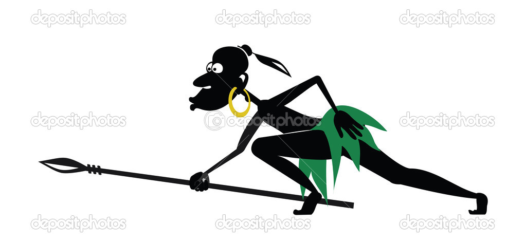 Aborigine with a spear and a gold earring is hunting