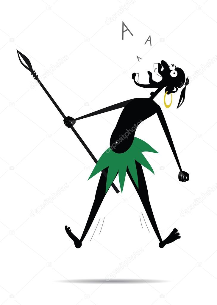 Aborigine with a spear and a gold earring is shouting