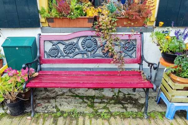 家の前の秋の花に囲まれた古いベンチ — ストック写真