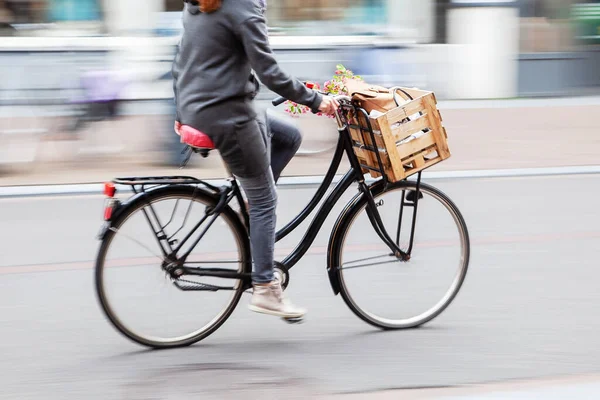 Woman Rides Bicycle City — Stock Photo, Image