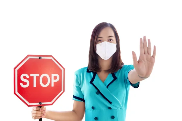 Asian Woman Open Hand Stop Action Show Banner Stop Sign — стоковое фото