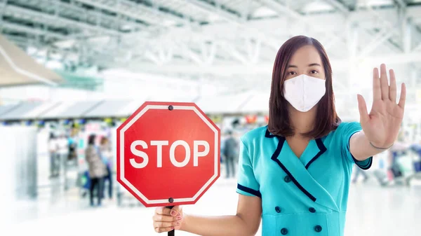 Asian Woman Open Hand Stop Action Show Banner Stop Sign — стоковое фото