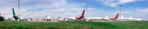 panorama airport landscape with airplanes in aviation airline transport industry.
