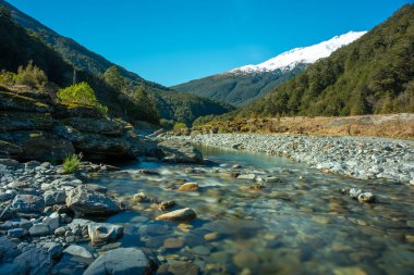 The Makarora River meandering through the Haast Pass in the Southern Alps national park clipart