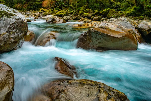 The dreamy long exposure of the river rushing through the rocks in the river in the forest