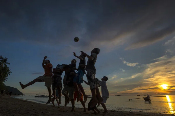 Beach soccer at sunset — Stock Photo, Image