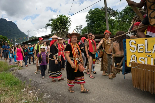 Sarawak, Malaysia: 1. Juni 2014: Menschen aus dem Stamm der Bidayuh, einem indigenen Ureinwohner Borneos, nehmen in traditionellen Kostümen an einer Straßenparade teil, um das gawai dayak-Fest zu feiern. — Stockfoto