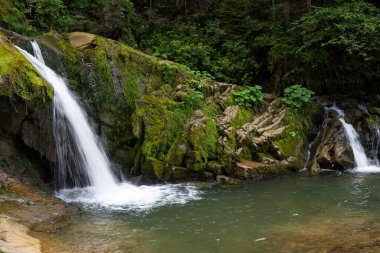 Dağ ormanı vadisindeki yosunlu taşlar arasında iki küçük şelale. Konum: Kamianka (Kam 'yanka) nehri, Skole Beskids Ulusal Doğa Parkı, Karpat Dağları, Ukrayna. Turizm merkezi