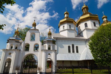 Altın kubbeli güzel beyaz kilise. Busk City 'deki Ortodoks Aziz Niklas Kilisesi, açık hava. Ukrayna kültür mirası anıtı. Lviv bölgesi. Ukrayna.
