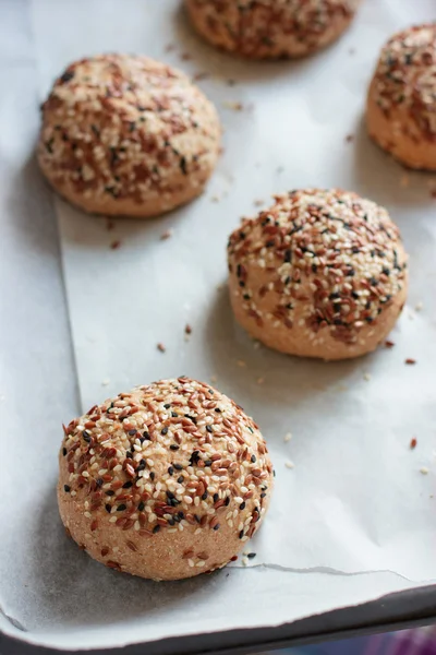 Raw wholegrain buns on the oven-tray before baking — Stock Photo, Image