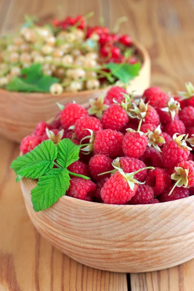 Himbeeren und Johannisbeeren in Holzschalen — Stockfoto