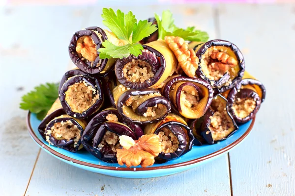 Eggplant rolls with walnut and garlic — Stock Photo, Image