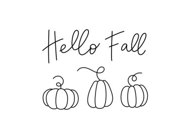 Merhaba sonbahar kaligrafik metni ve üç balkabağı. El yazısıyla yazılmış resimli harfler. Çizgi çalışması. Özet siluetleri