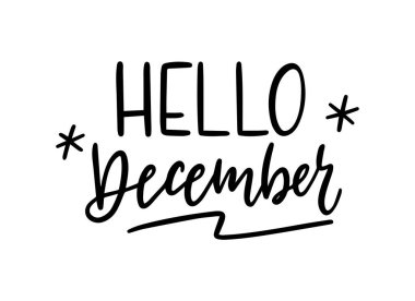 Merhaba Aralık yazı metni. El yazısıyla yazılmış resimli harfler. Beyaz arkaplanda siyah yazıt izole edildi