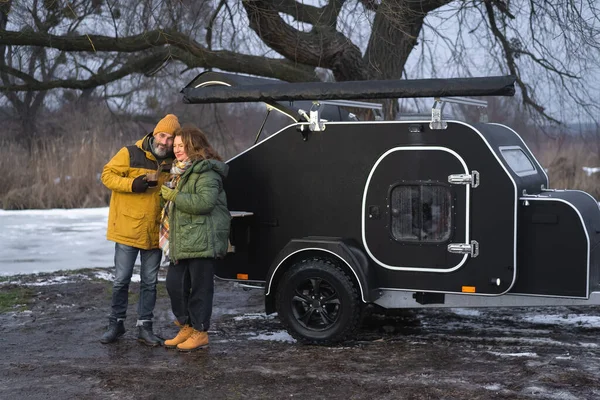 Middle Aged Family Made Break Winter Camper Vacation Hot Tea — Photo