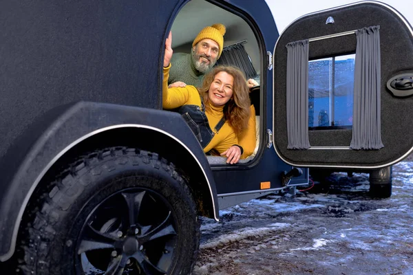 Middle Aged Happy Family Man Woman Looking Out Camper Door — Photo