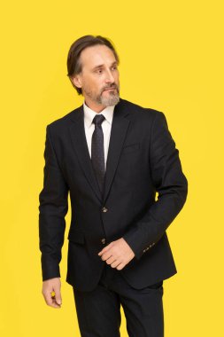 Siyah takım elbiseli yakışıklı orta yaşlı iş adamı. Siyah takım elbiseli, sarı arka planda yanlamasına duran olgun bir iş adamı. İş konsepti. 