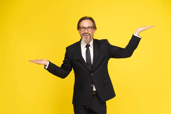 Happy Middle Aged Business Man Leveling Weighing Balancing Hands Levels — Stock Photo, Image