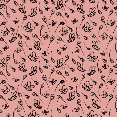 Arı şeklinde narin desenler ve çimen sapları. Tekstil, duvar kâğıdı, arkaplan, kartpostal tasarımı için uygun bir toz ve şeftali arkaplan tasarımı.