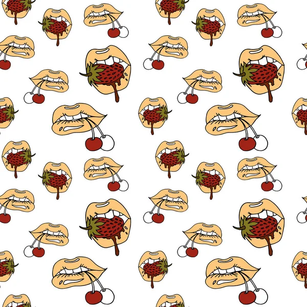 Juicy and seductive lips hold a cherry and a strawberry in their teeth. Patterns on an isolated background for printing packaging paper or fabric, stationery, book products, interior posters or wallpapers.