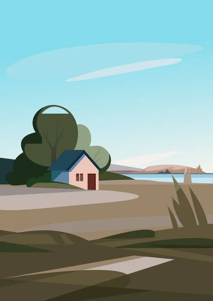 Paesaggio primaverile con casa sulla riva del fiume. — Vettoriale Stock