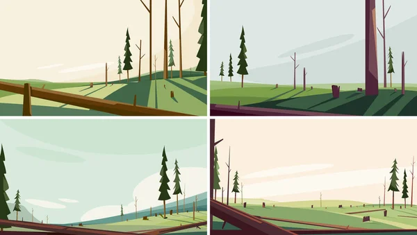 Conjunto de paisajes con árboles talados. — Vector de stock