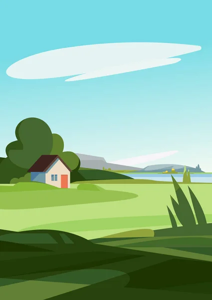 Летний пейзаж с домом на берегу реки. — стоковый вектор