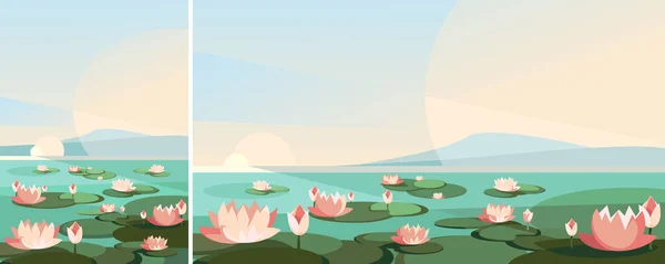 Landscape with lotus flowers on the river. — Stock Vector