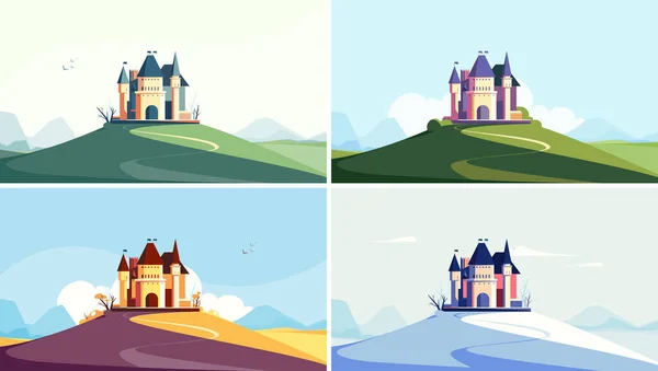Castillo en la colina en diferentes épocas del año. — Vector de stock