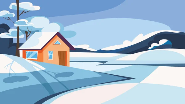 Huis aan het meer in het winterseizoen. — Stockvector