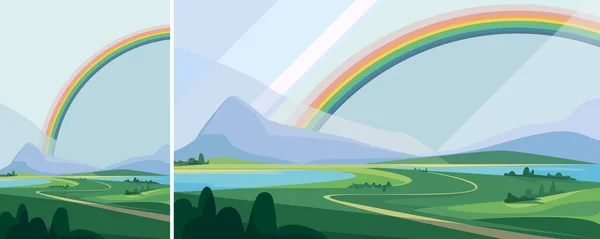 Landschap met bergen en regenboog. — Stockvector