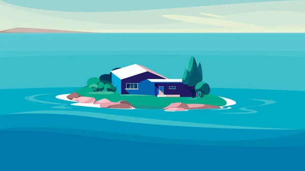 Seascape com casa azul na ilha. —  Vetores de Stock