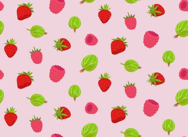 Farklı böğürtlenlerle kusursuz desen. Çizgi film tarzında çilekli bektaşi üzümü ve ahududu deseni..