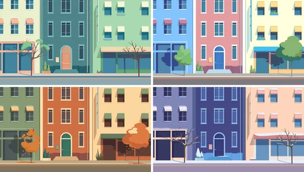 Paisagem Urbana Diferentes Épocas Ano Lindas Ilustrações Com Rua Cidade — Vetor de Stock